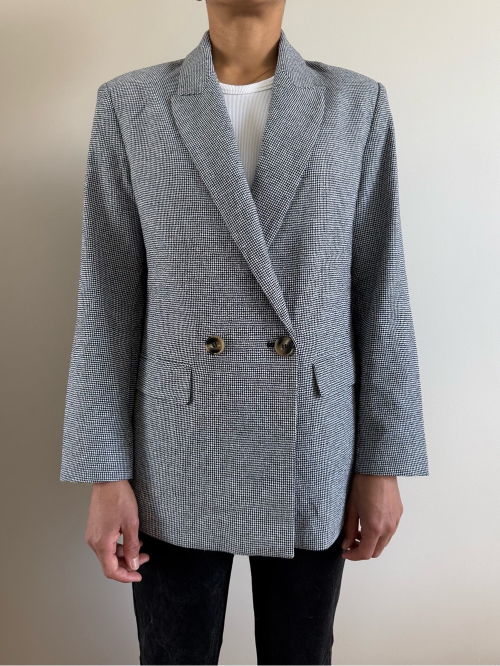Zara Navy & White Houndstooth Double-Breasted Blazer